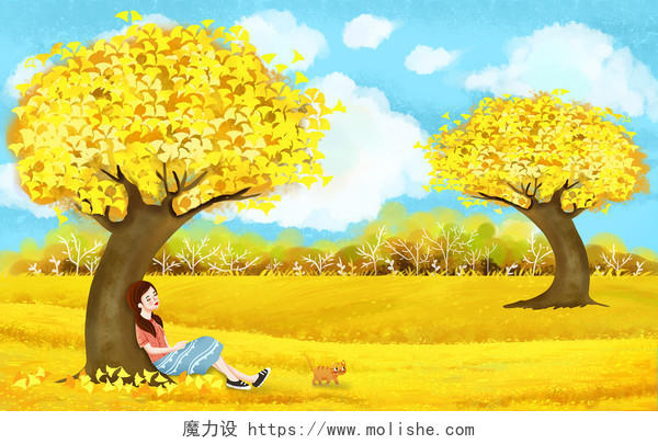 秋天插画彩色卡通手绘立秋秋天银杏树下小女孩唯美风景原创插画海报